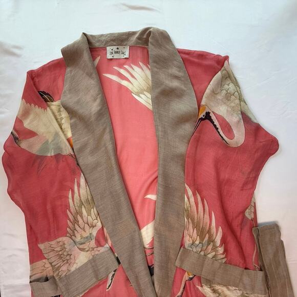 One Hundred Stars Crane Print Kimono Robe Coral Pink Modal Blend OS - Picture 5 of 16